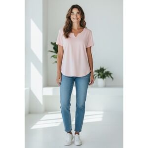 JMS Plus Size Pink V Neck Slit‎ Short Sleeve Casual T Shirt Top 3X 3X